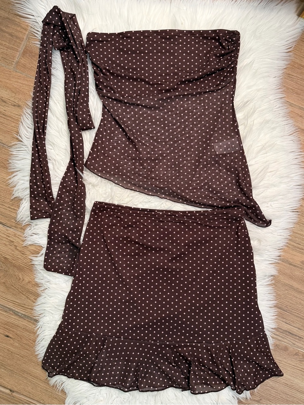 NWT See You Monday Brown Polka Dot Strapless Mesh Skirt Set XS